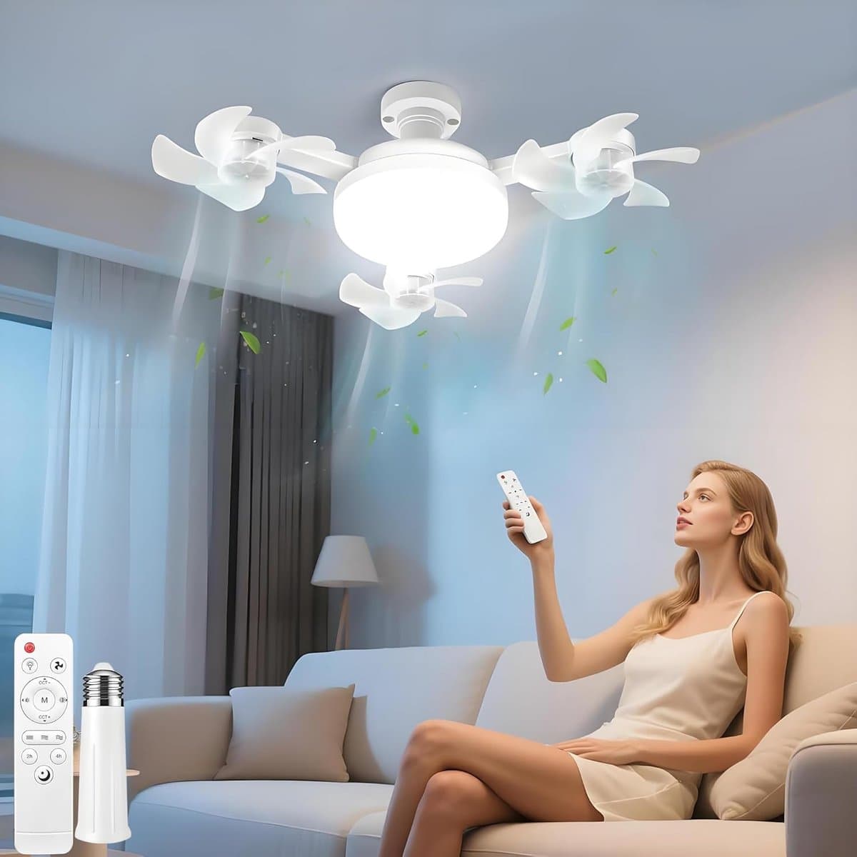 LED plafondlamp met ventilator, lamp met kleine ventilator, plafondventilator met verlichting, E27 plafondlamp met ventilator, voor woonkamer en slaapkamer, stil, timerfunctie, 3 snelheden — afbeelding 1