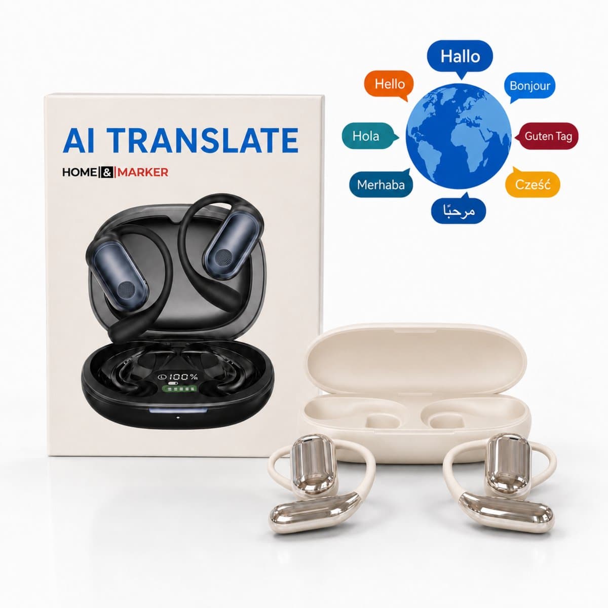 Home & Marker - AI Vertaal Oordopjes - Vertaal Apparaat - Real-time Vertalings oordopjes - 144 Talen & Dialecten - Offline Functie - Draadloze Spraakvertaler voor Reizen & Zakelijk - Bluetooth 5.4 - Beige - TRANZIO — afbeelding 1
