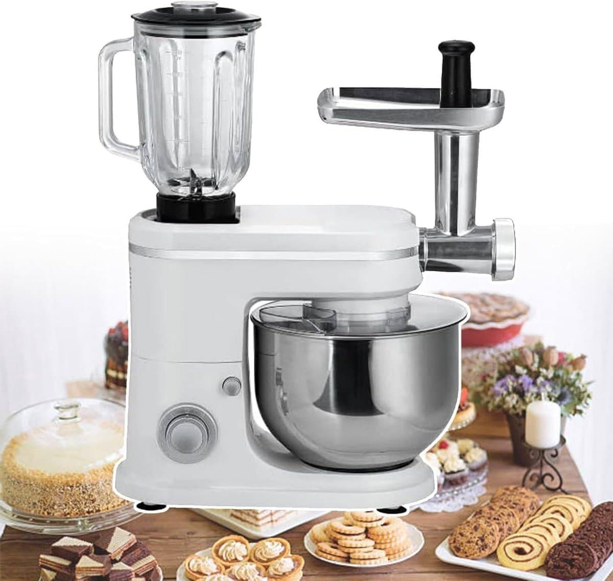 Keukenmixer Blender Vleesmolen - Keukenmachine Deegmixer - Bakken Koken - 3-in-1 Multifunctioneel - 6 Liter Kom - Zilver — afbeelding 1