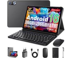 SnelShoppen - 12 Inch Android 16 Tablet met Gemini AI, 36GB RAM, 128GB ROM, 1TB TF, 1920x1200 HD Display, 8MP + 20MP Dual Camera, Keyboard, Mouse & St