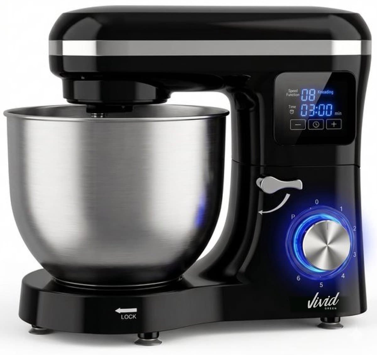 Vivid Green 2000W Keukenrobot - 6.2L - Display & Instelbare Timer - Mixer met Mengkom - Keukenmachine - Keukenmixer - Zwart — afbeelding 1