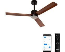 CREATE - Stille plafondventilator 40W met licht - Zwart / Donker hout - Ø132cm - WIFI + Afstandsbediening - WIND MODERN