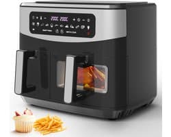 Dubbele heteluchtfriteuse met kijkvenster, 10L (4L x 6L), 2600W capaciteit dubbele Airfryer, 12-in-1-programma's, Air Fryer met touchscreen