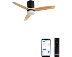 CREATE - Plafondventilator 40W silent 100% hout (Ø132cm) (ruimtes 10m²-25m²) - Zwart / Licht hout - Met licht - WIFI + Afstandsbediening - WIND CALM NATURAL WOOD