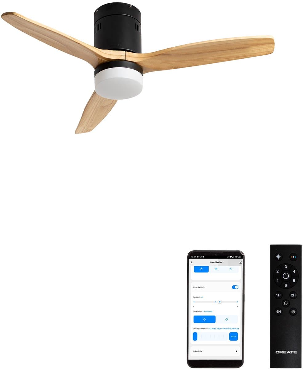 CREATE - Plafondventilator 40W silent 100% hout (Ø132cm) (ruimtes 10m²-25m²) - Zwart / Licht hout - Met licht - WIFI + Afstandsbediening - WIND CALM NATURAL WOOD — afbeelding 1