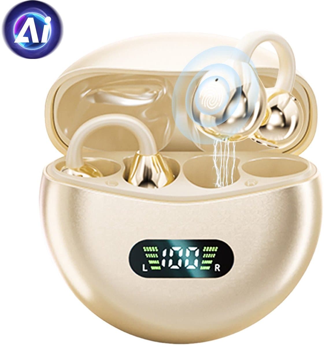 M79 - Open Ear Oortjes - Oortjes Draadloos - Sport Oordopjes - AI vertaalfunctie - 5.4 Bluetooth - Clip On - 16 uur - Spatwaterdicht - IPX5 - Oorclips - Voor sport en kantoor - Goud — afbeelding 1