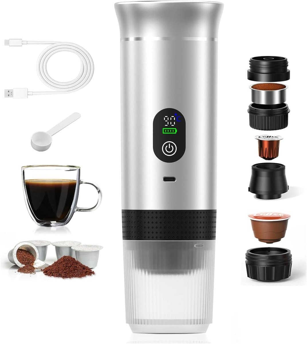 Premium Draagbare Koffiemachine met Verwarming – Oplaadbare Espresso Maker USB-C – Geschikt voor Capsules & Gemalen Koffie – Compact & Krachtig voor Reizen, Auto & Outdoor — afbeelding 1