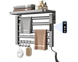 Slimme Elektrische Handdoekverwarmer van Koolstofvezel – Digitale Temperatuurregeling 30-70°C – 24-uurs Timer – Boorvrije Installatie – Aluminium Handdoekdroger voor Badkamer & Hotel