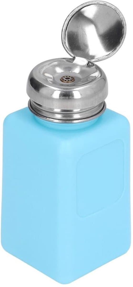 200ml Push Down Alcohol Dispenser Pomp Fles Methanol Container, ESD Veilige Anti Statische Solvent Dispenser met RVS Perskop voor Aceton, IPA Oplosmiddel (Blauw) — afbeelding 1