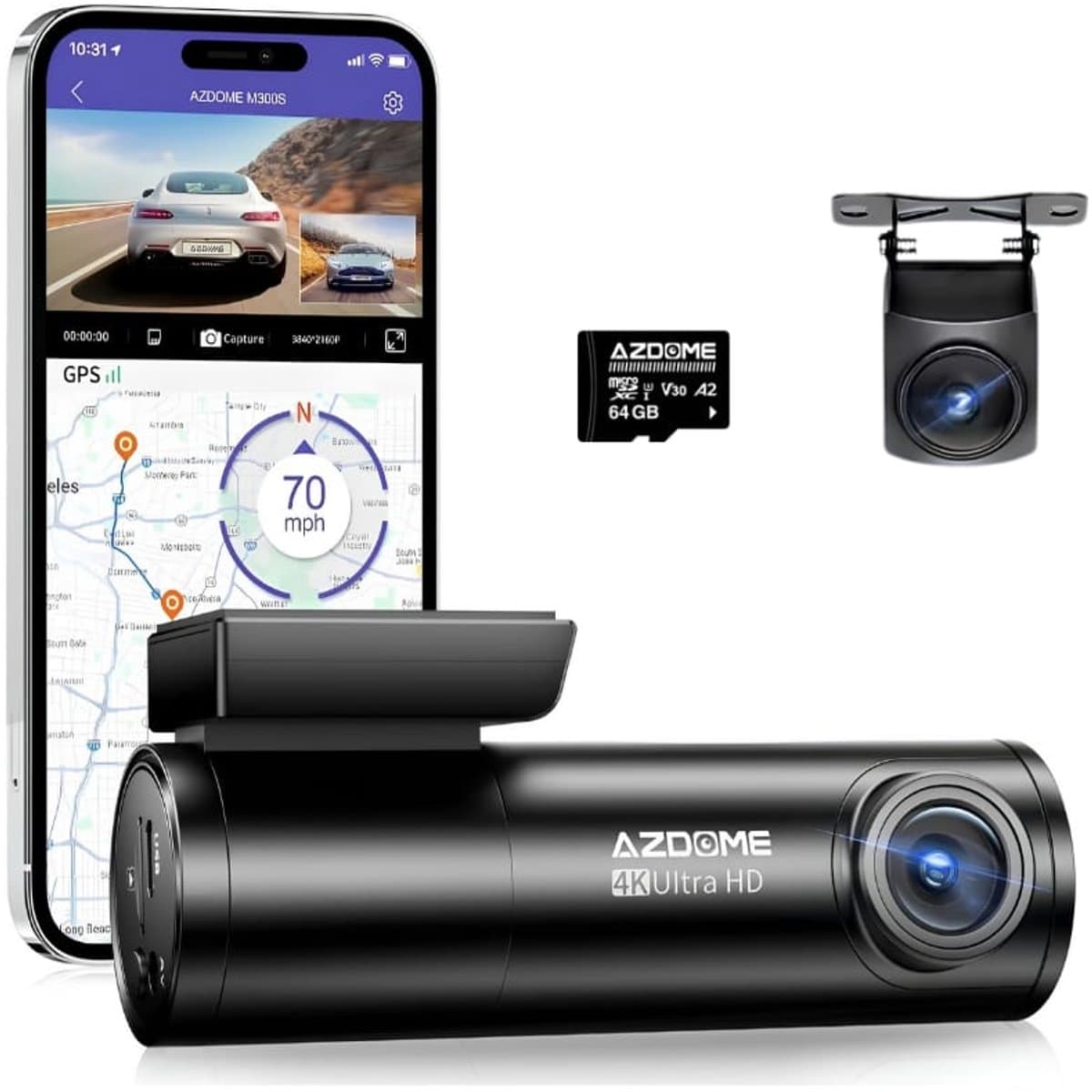 AZDome M300S 2CH 4K Wifi Gps dashcam voor auto - 4K + Full HD resolutie - Night vision - Parkeerbeveiliging - 64gb Micro SD kaart - 170 + 140 graden kijkhoek - Nachtzicht — afbeelding 1
