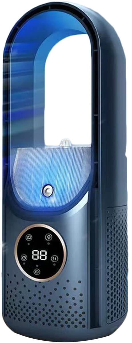 Luchtkoeler - Bladeloos -Mini desktop luchtkoeler - Luchtkoeler- Koelunit -USB oplaadbaar -Draagbaar - 6 ventilatorsnelheden- Bevochtiging en luchtzuivering - Timerfunctie - Sfeerverlichting - Geschikt voor gebruik op het bureau en buitenshuis -Blauw — afbeelding 1