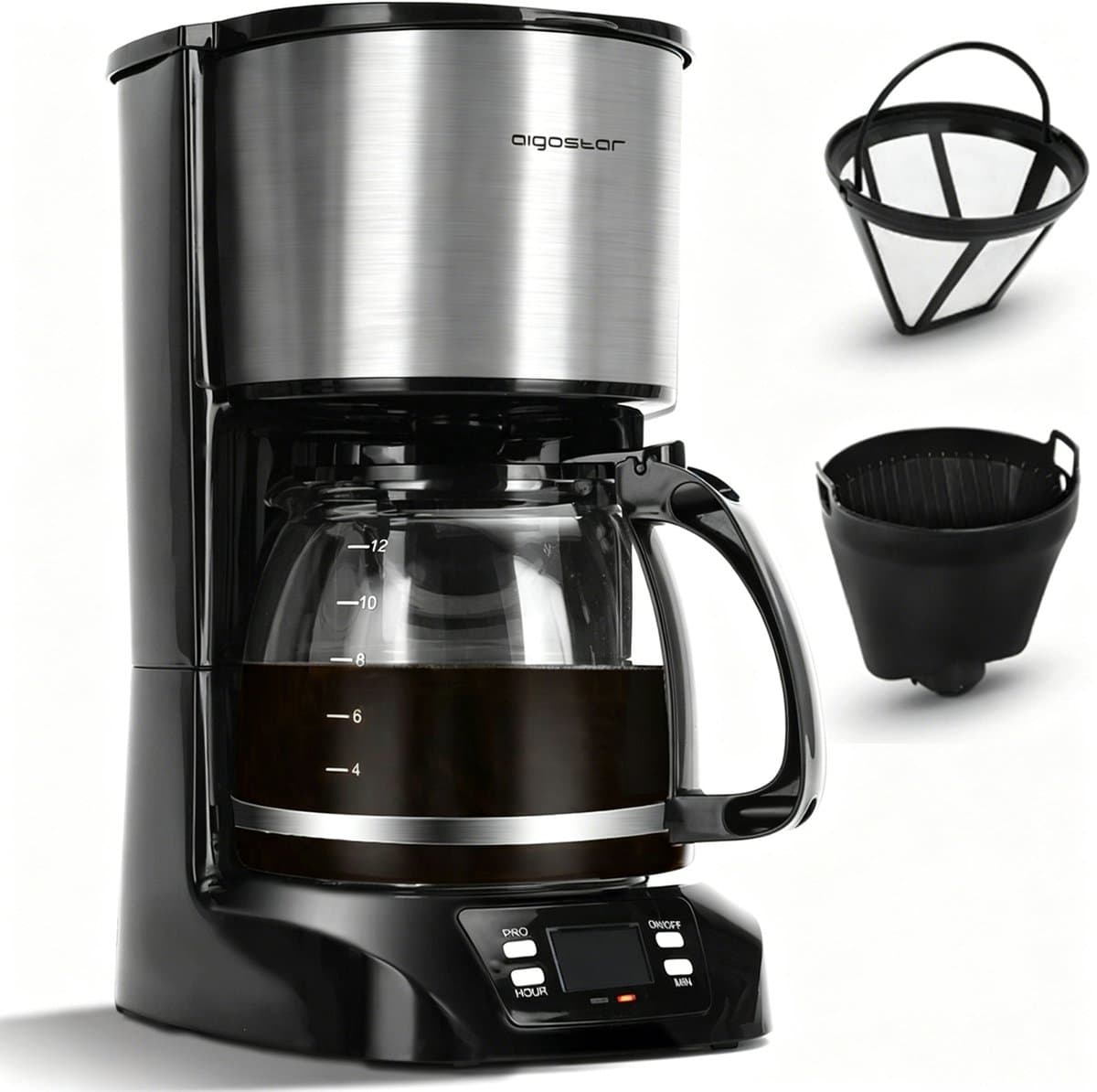 Aigostar Koffiezetapparaat - Filterkoffie - 1.5L Glazen Kan - 12 Koppen - Timerfunctie - LCD-display - BPA Vrij - Zwart/RVS — afbeelding 1