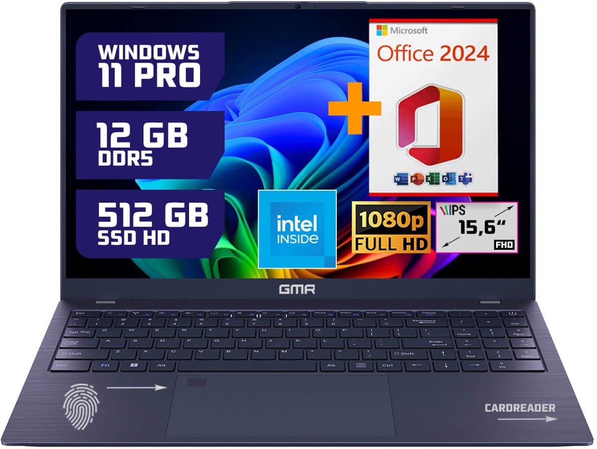 GMR - Ultrasnelle 15.6" Laptop - Stijlvol Design - Intel N95 - 12GB Werkgeheugen - 512GB Opslag - Windows 11 Pro + Office 2024 Pakket — afbeelding 1