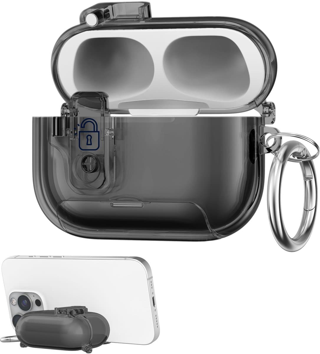kwmobile Transparante hoofdtelefooncase voor Apple Airpods Pro 2 / Pro 1 hoes - Headphones TPU cover met standaardfunctie en veiligheidsvergrendeling - zwart — afbeelding 1