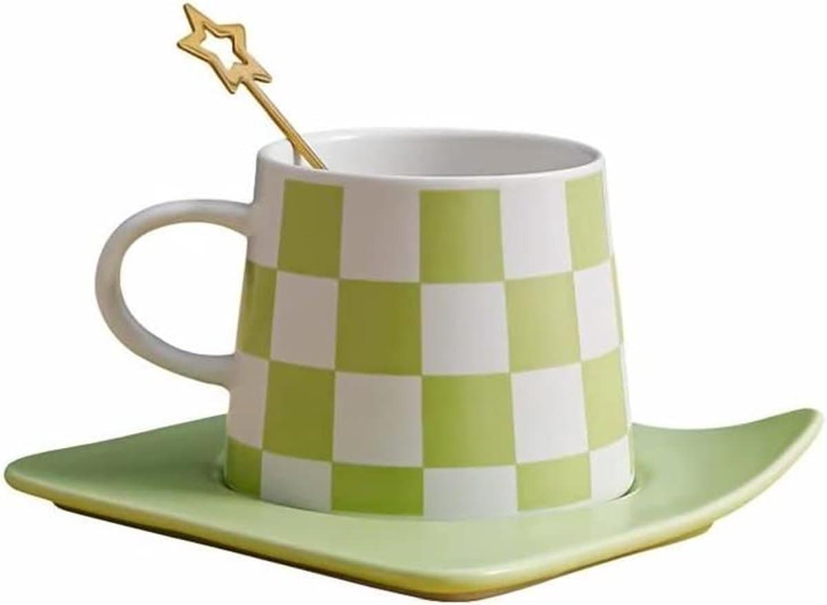 Cappuccino kopjes met schotel - Espresso mokken - Koffie serveren - Verhoogde rand schotel - 240 ml inhoud - Groen — afbeelding 1