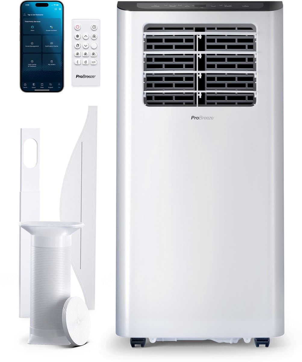 Pro Breeze Mobiele Airco – 12000 BTU - Extra Krachtig – 4-in-1 Luchtkoeling, Ontvochtiging, Ventilatie en Slaapmodus – Airco voor Slaapkamer, Woonkamer, Kantoor, Gym – Smart Home WiFi - 24-uurs Timer & Incl Raamafdichtingkit – Energieklasse A – Wit — afbeelding 1