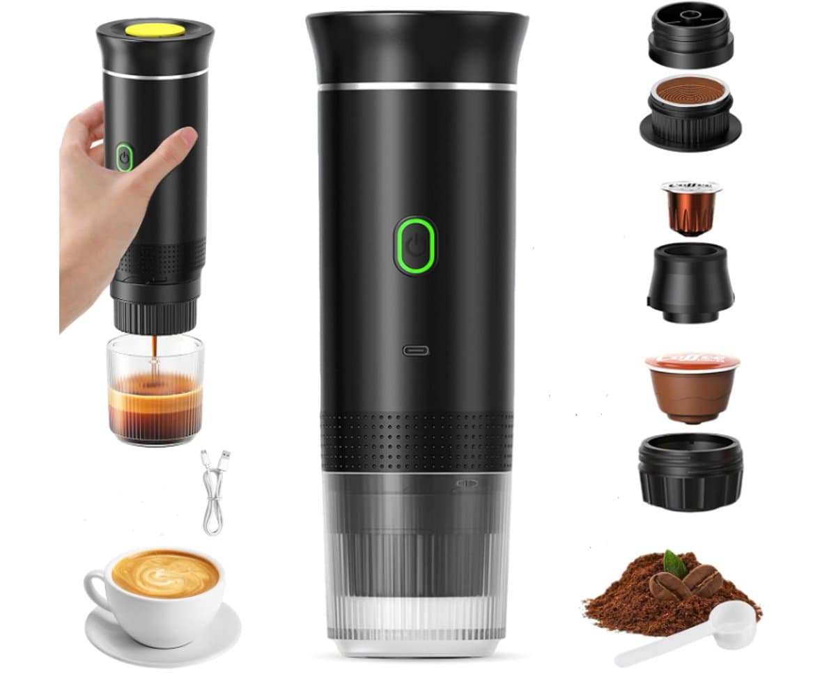 Draagbare reiskoffiemachine, 3-in-1 draagbare koffiezetapparaat met snelle verwarming 12V, zelfverwarmend in 4 tot 6 minuten, geschikt voor grote koffiecapsules en gemalen koffie. Ideaal voor kamperen, kantoor, thuis en auto (zwart). — afbeelding 1