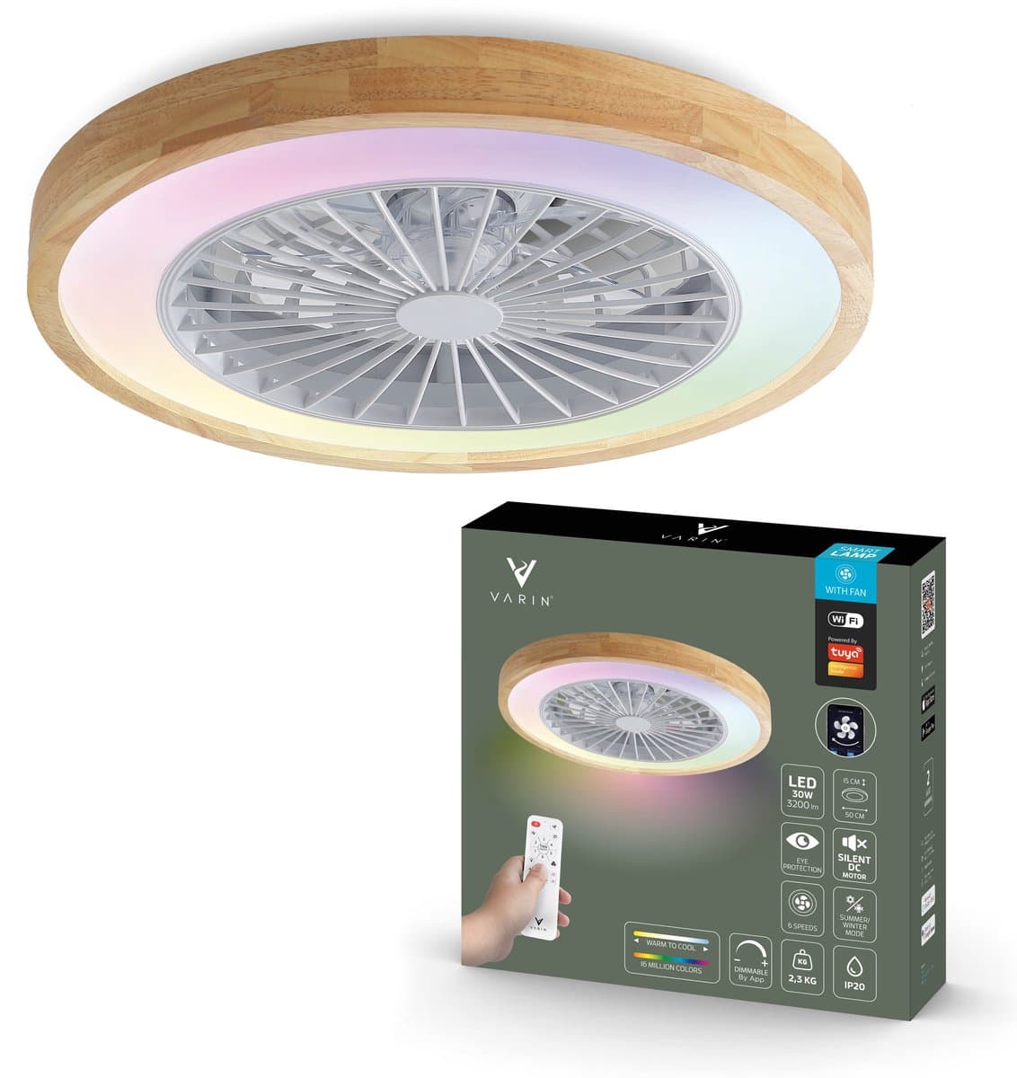 Varin® Plafondventilator met verlichting - Licht hout - Tuya Wifi - LED RGBW - Ø 50cm - Super stil - Afstandsbediening smart lamp - Plafondlamp slaapkamer - Plafonniere woonkamer - Plafondlampen - Plafond lamp - Verlichting kinderkamer - Ventilator — afbeelding 1