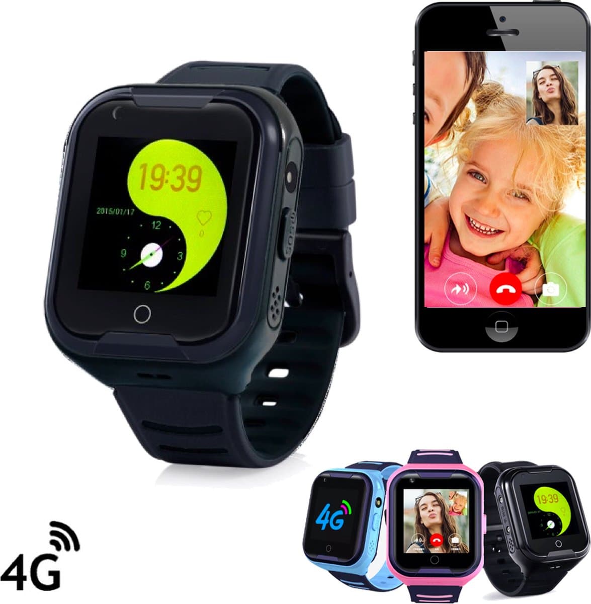 GPSHorlogeKids - GPS horloge kind - smartwatch kinderen - 4G videobellen - GPS tracker - SOS-alarm - zaklantaarn - incl. simkaart - Base Zwart II — afbeelding 1
