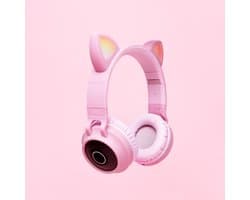 Kattenoortjes kinderkoptelefoon - Draadloze Bluetooth hoofdtelefoon - led kattenoortjes - roze