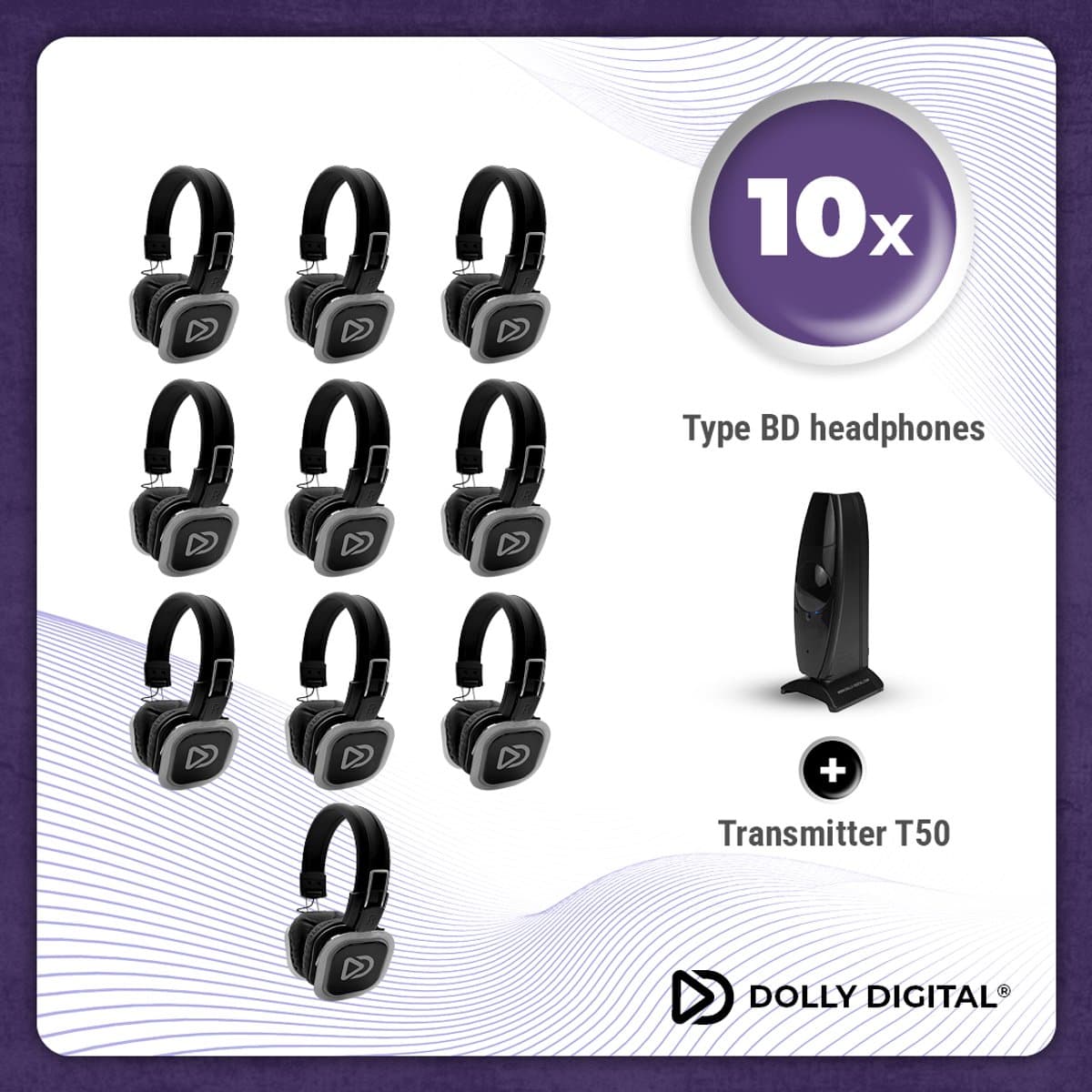 (Model 2026) Complete Set 10x Dolly Digital© BD Draadloze Koptelefoons voor groepen + T50 Zender | Silent Disco — afbeelding 1