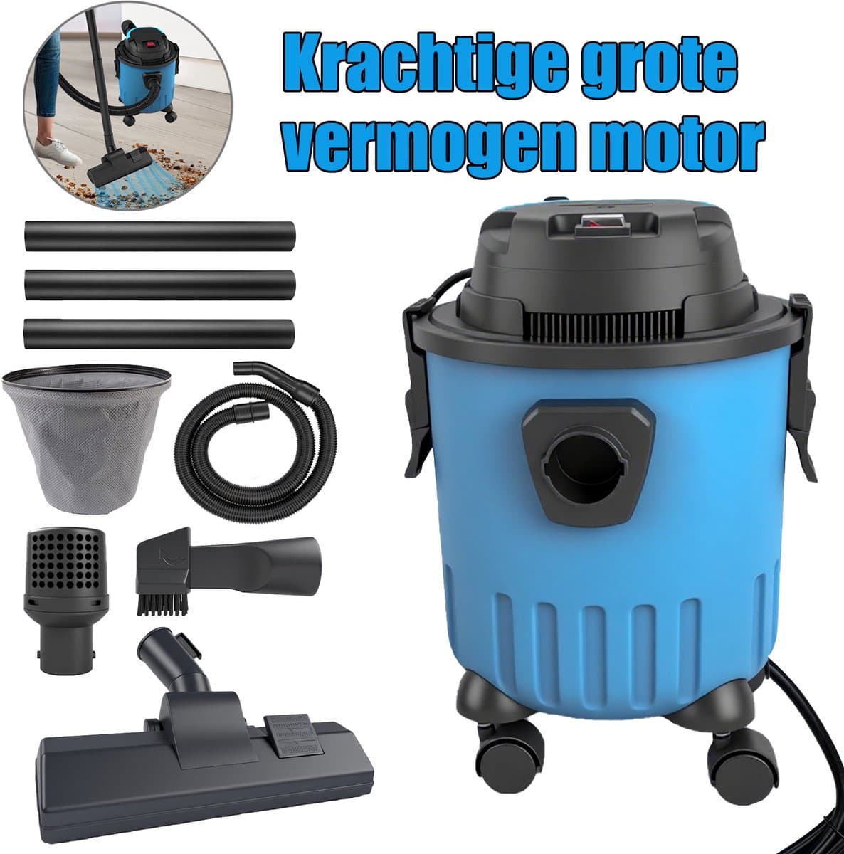 15L Shop-stofzuiger Nat en Droog, 3 piek pk Poly Nat-Droog Stofzuiger met accessoires, krachtige motor, draagbare handgreep/rolletjes met aftapblaas, voor auto, garage, werkplaats, dierenharen — afbeelding 1