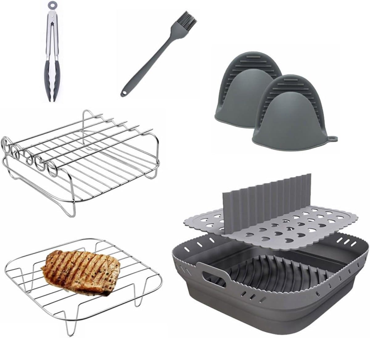Accessoireset voor De Airfryer - met Opvouwbare Siliconen Bakplaat + Stoomrek van 304 Roestvrij Staal - 8 Stuks - Accessoires voor Airfryers - Ovenaccessoires — afbeelding 1
