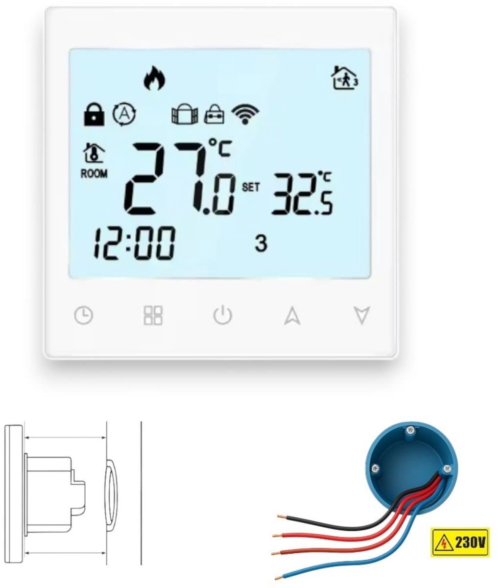 Wifi Inbouw Thermostaat | Touchscreen | Wifi | App bediening | Inbouw standaard doos | Programmeerbaar schema | Tuya | Wit — afbeelding 1
