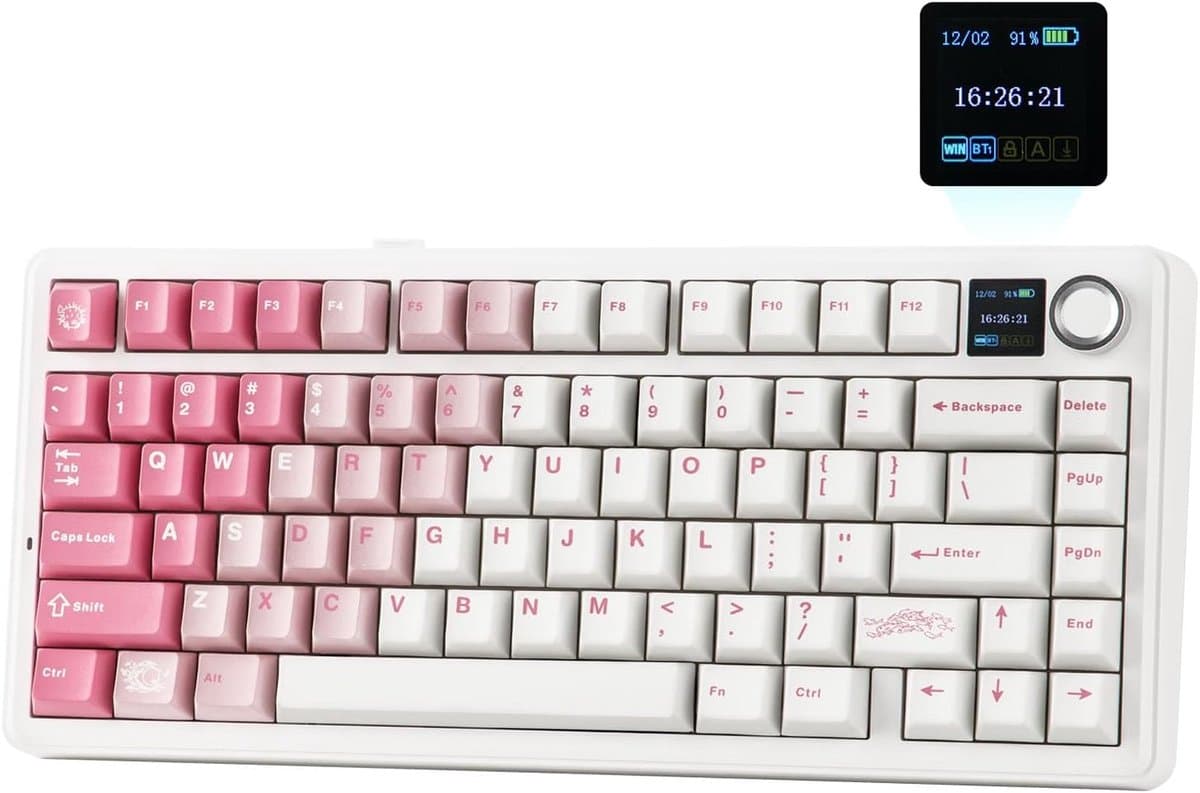 EPOMAKER x AULA F75 MAX - Roze / Wit - Mechanisch Draadloos Toetsenbord - RGB - 75% - QWERTY - Gaming Keyboard - Leobog Reaper Switch — afbeelding 1