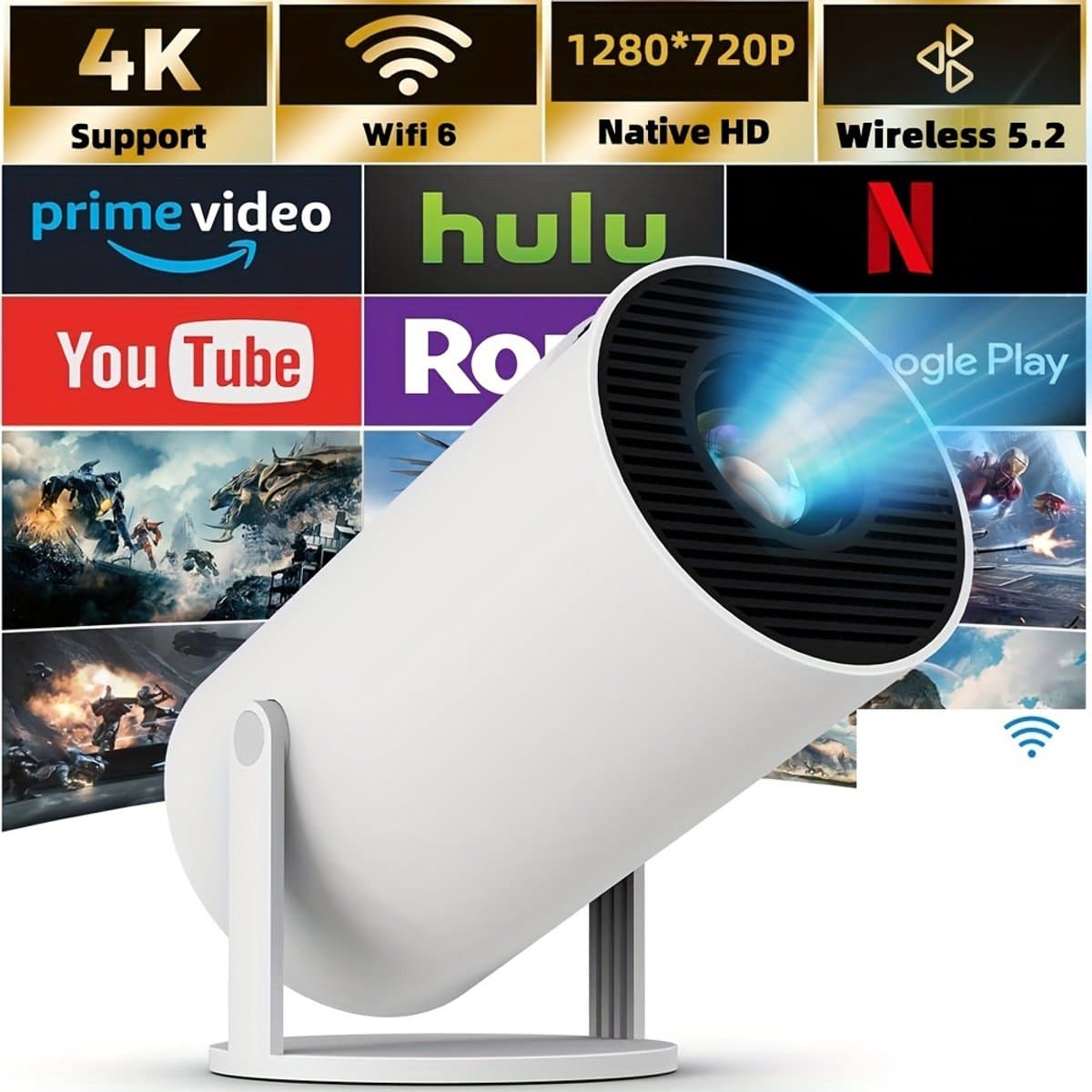 HY300 Pro HD Smart Mini Projector – 720P Native Resolutie met 4K Ondersteuning – Draagbaar met 180° Draaibare Projectie – Draadloze Verbinding — afbeelding 1