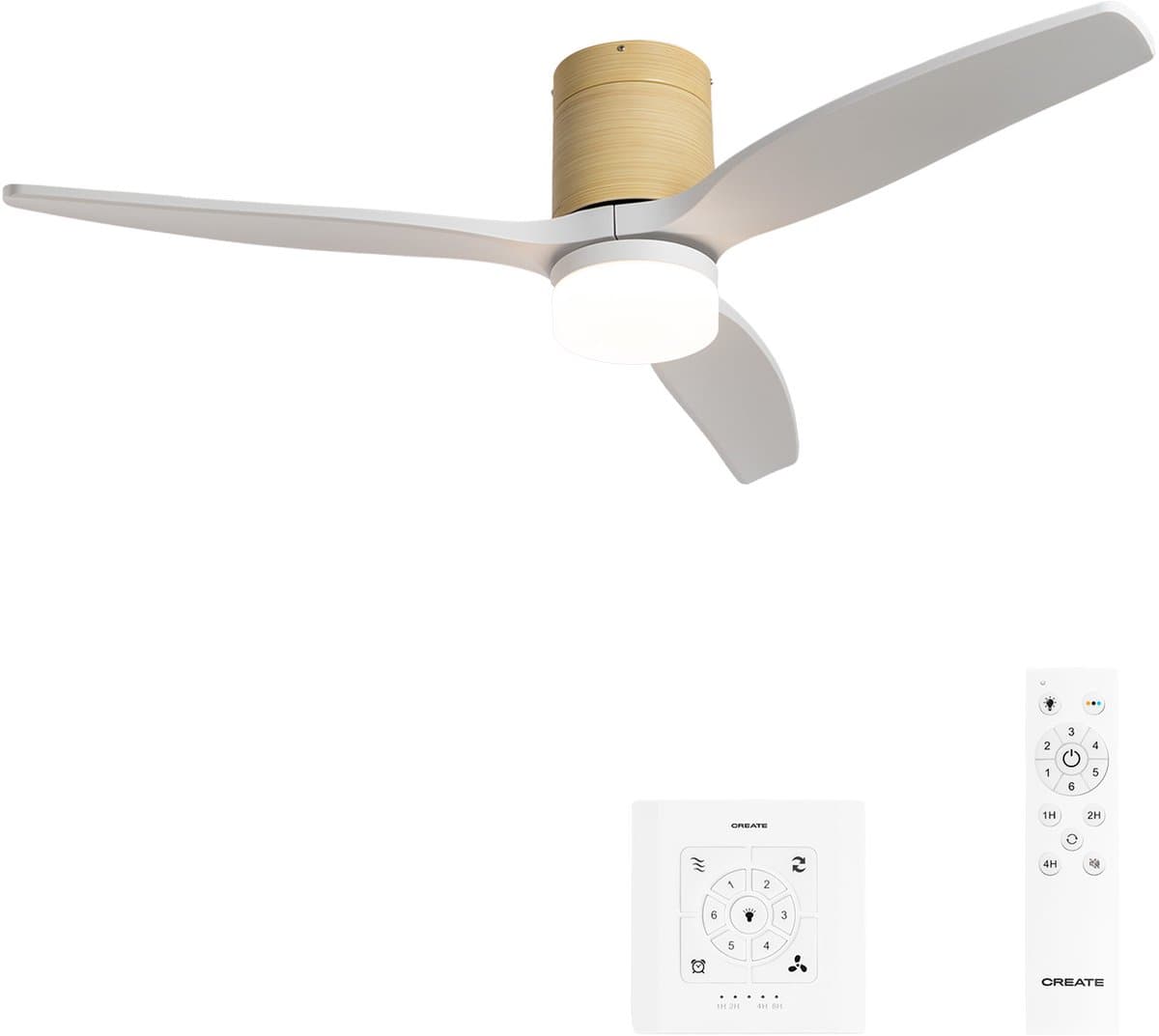 CREATE - Stille 40W plafondventilator met technische ABS bladen in verschillende maten - Met licht - Controller voor wandmontage - Licht houtlook / Wit - WIND CALM — afbeelding 1