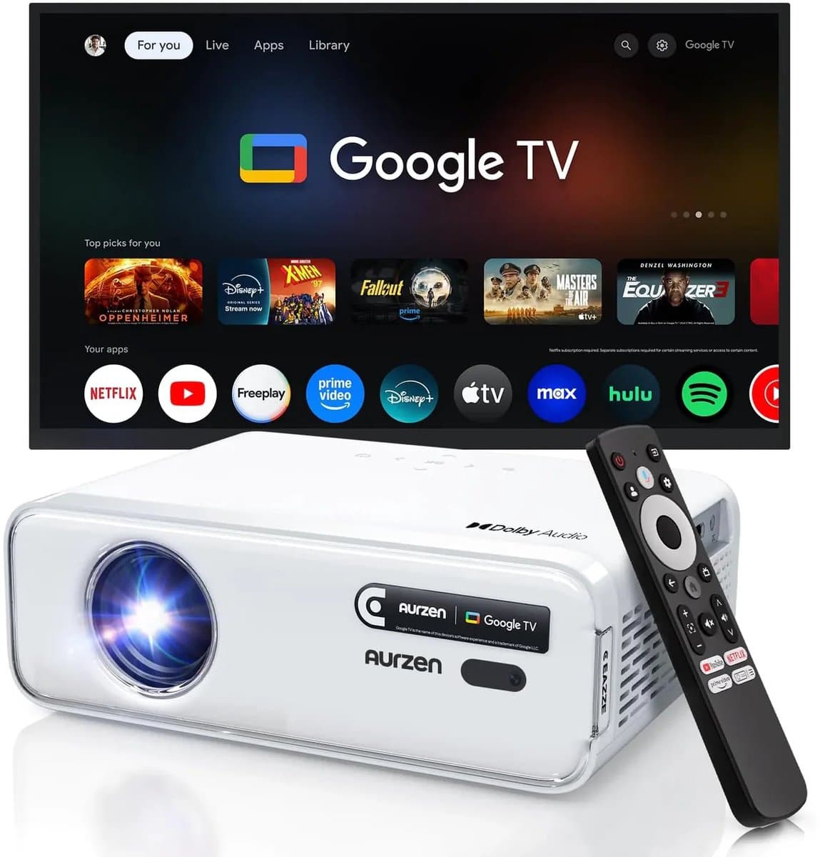 Aurzen EAZZE D1G Mini Beamer – Google TV – Mini Projector – Full HD 1080p – Google TV (ingebouwd) – HDR10 – Dolby Audio – Auto Focus & Keystone – WiFi 5G & Bluetooth 5.1 – Stream eenvoudig vanaf je smartphone – Chromecast ingebouwd — afbeelding 1