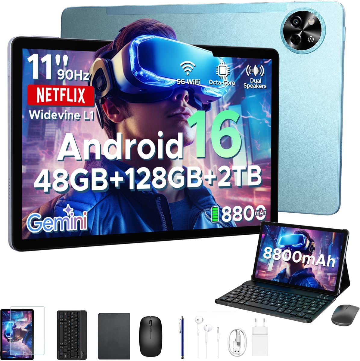 POCKAM P11 Tablet - 48GB RAM+128GB ROM/TF 2TB - Android 16 - 11 inch tablet 90Hz - T7250 - 8800mAh - 13MP+5MP - Gemini AI - Widevine L1 - Face ID - 5G WIFI - Dubbele luidsprekers - Pen, toetsenbord, muis - Blauw — afbeelding 1