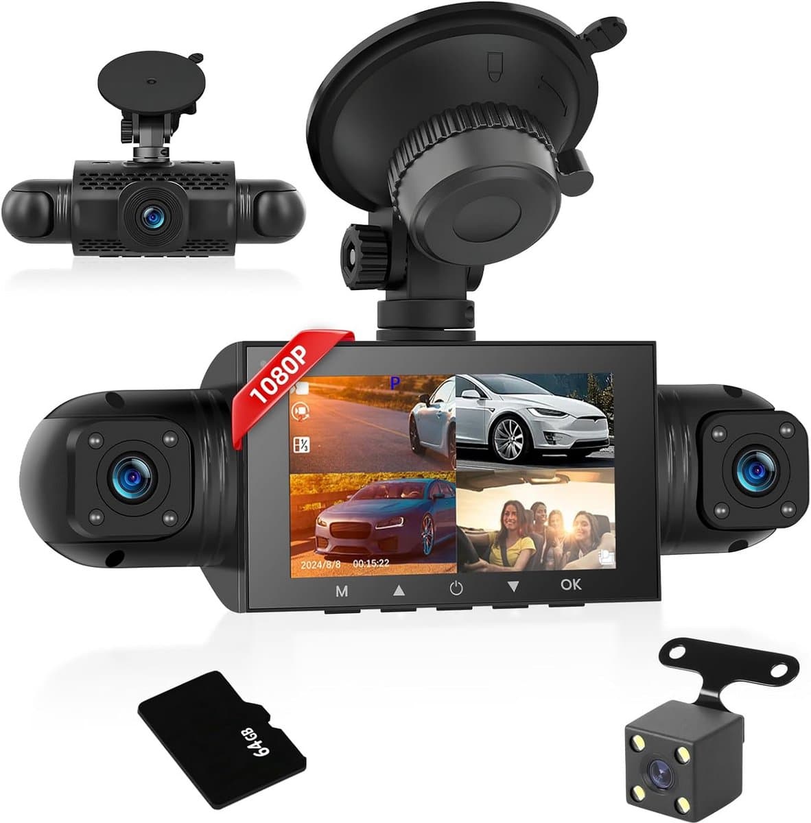 Dashcam met 4 Kanalen 1080P en 720P, 3 Inch IPS Scherm, Nachtzicht en Parkeerbewaking — afbeelding 1