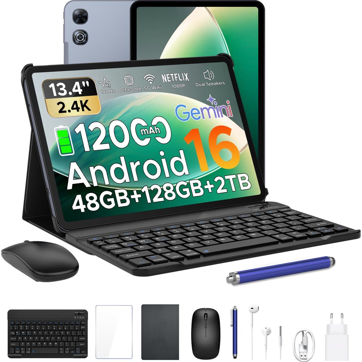 Aorlym P13 - Tablet - Tablets - 48 GB RAM + 128 GB ROM - 13,4 inch 2,4K 120 Hz - Android 16 - Gemini AI - 12000 mAh/18 W - Face ID - Widevine L1 - 13 MP + 8 MP camera - Dubbele luidsprekers - Tablet met toetsenbord en pennenhouder - Grijs — afbeelding 1