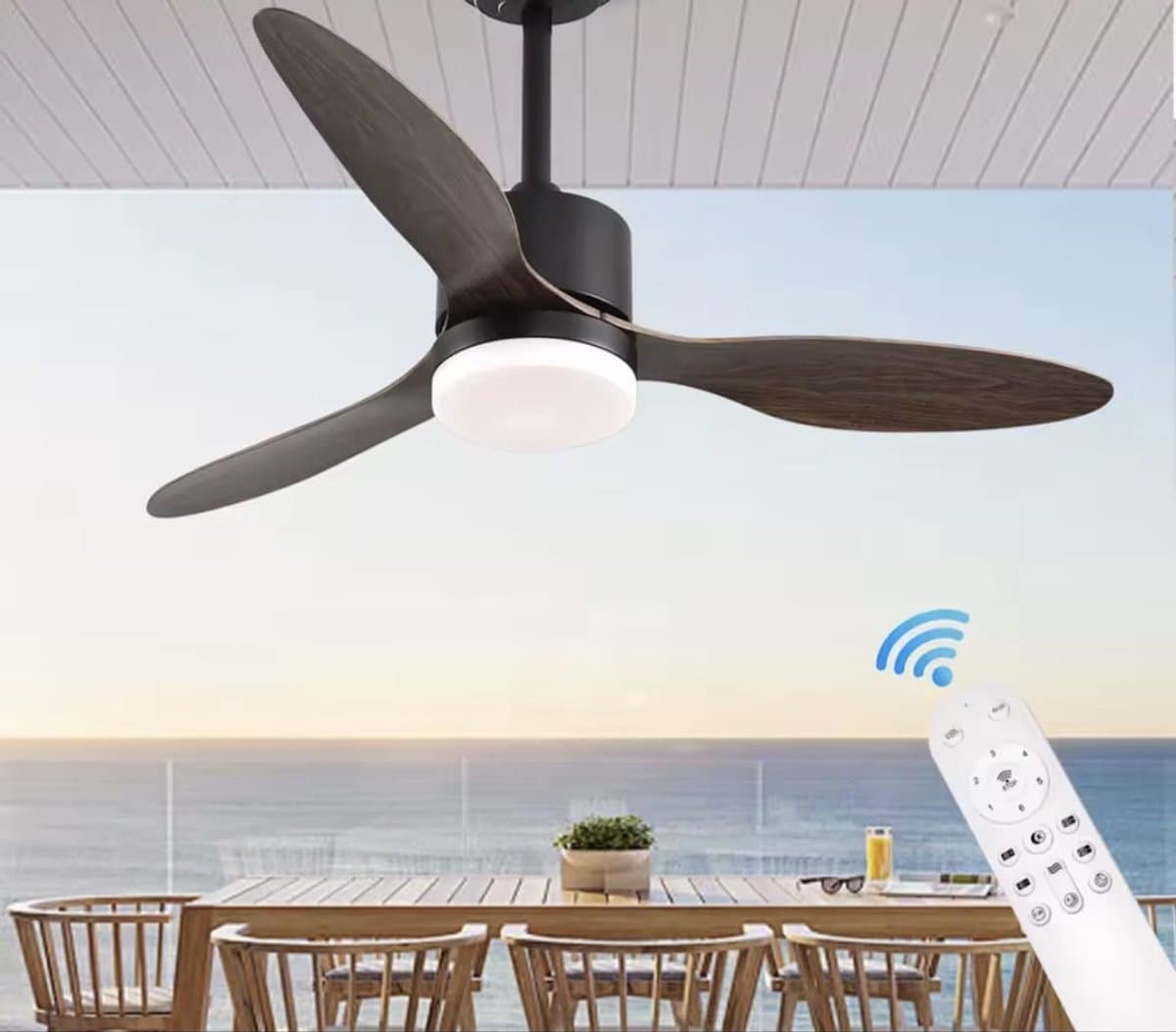 3 Blad Plafondventilator - Moderne LED Ventilator Lamp - 6 Snelheden - Hoogte Verstelbaar - Afstandsbediening & APP - 132 cm - Bruin/Zwart- Woonkamerlamp — afbeelding 1