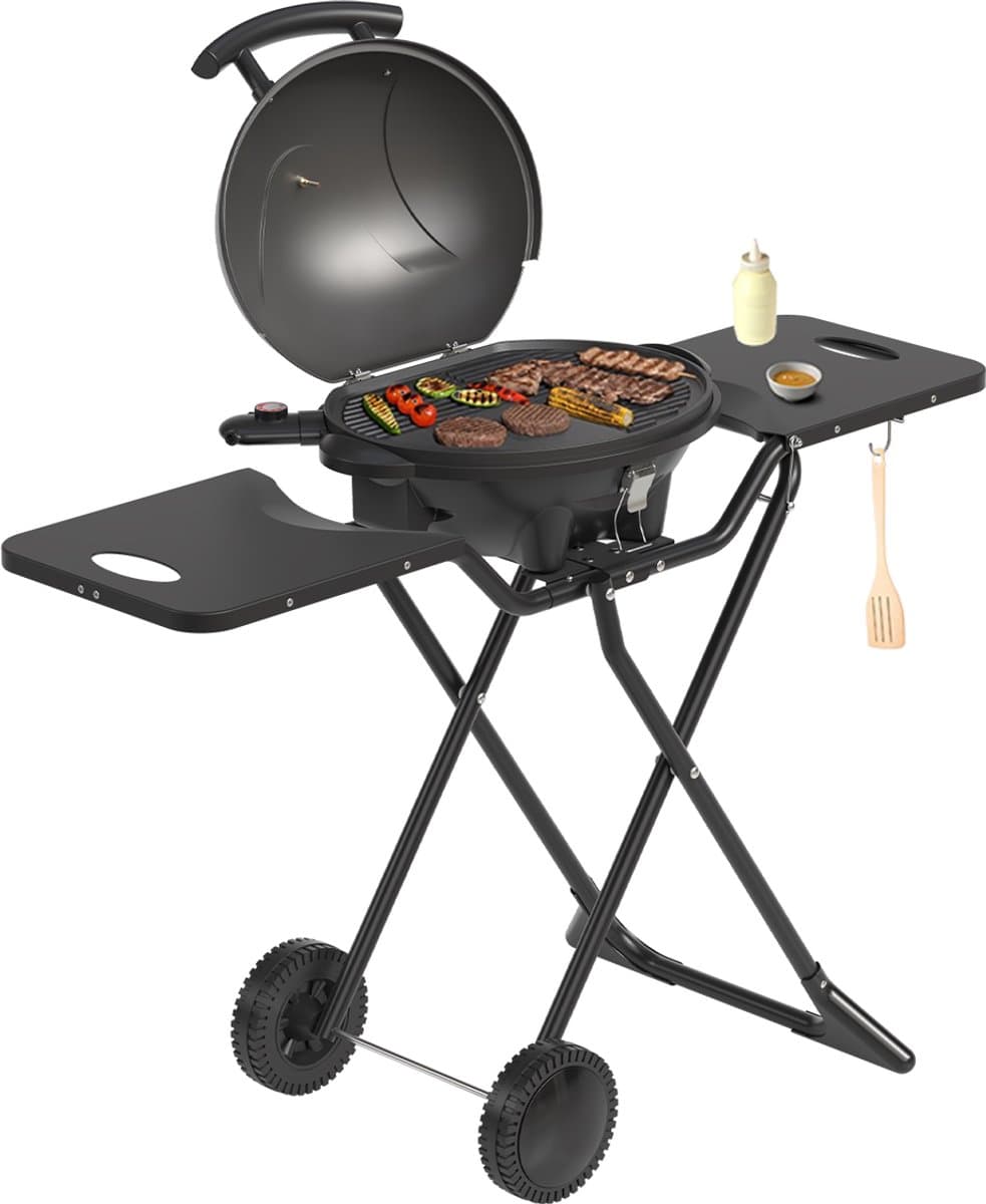 KitchenBrothers Elektrische BBQ - Opvouwbaar - Barbecue met Wielen - Anti-aanbaklaag - Zijtafels - tot 250°C - 2400W - Zwart — afbeelding 1