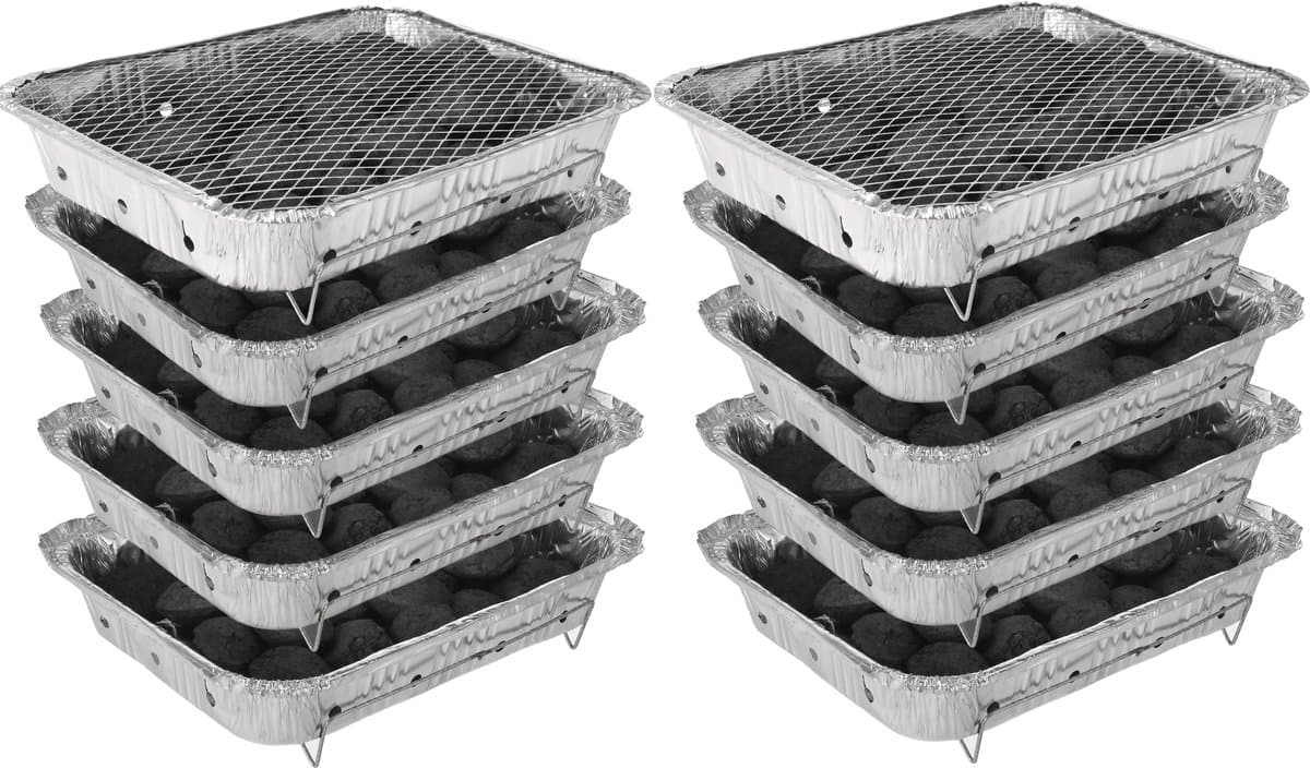 Wegwerp Barbecue met Houtskool – 10 Stuks – Instant BBQ Set voor Camping, Picknick, Balkon of Festival – Inclusief Rooster – Houtskool BBQ – BBQ Kopen — afbeelding 1