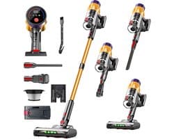 Handstofzuiger – Draadloze stofzuiger voor thuis – 6-in-1 functionaliteit – Met wandlaadstation – Hoog vermogen – Stofzuig- en dweilfunctie – 550W – Goud