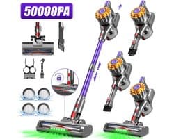 Adormii Steelstofzuiger Draadloos – 50000Pa Sterke Zuigkracht – 60 Min Accuduur – Anti-haarwikkel Vloerborstel – 4 HEPA-filters – 1,6 L Stofreservoir – Groene LED Stofdetectieverlichting – Goud