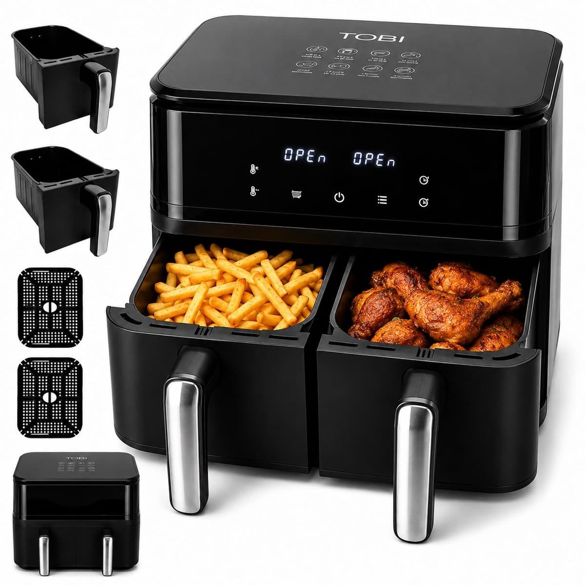 Tobi Dual Zone Airfryer 15L, XXXL 2400W – Olievrije Heteluchtfriteuse met 2 Onafhankelijke Bereidingscompartimenten, Digitaal Touchscreen, Instelbare Temperatuur en Timer, Frituren, Bakken, Braden en Opwarmen — afbeelding 1