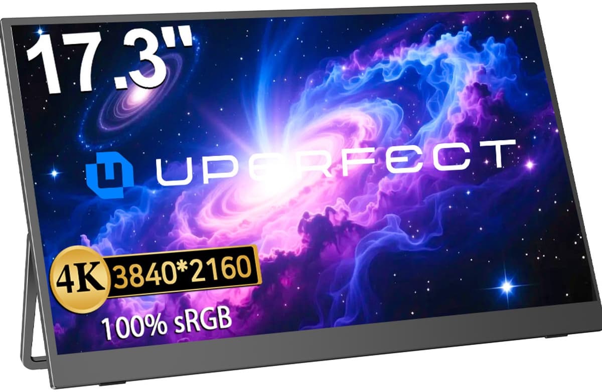 UPERFECT 4K UHD 17,3-inch draagbare monitor, 500 cd/m², USB-C en Mini HDMI, geschikt voor laptop, smartphone, Switch en PS4/5; voorzien van een metalen behuizing en ondersteuning voor VESA-montage. — afbeelding 1