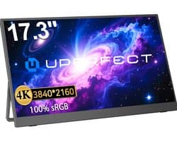 UPERFECT 4K UHD 17,3-inch draagbare monitor, 500 cd/m², USB-C en Mini HDMI, geschikt voor laptop, smartphone, Switch en PS4/5; voorzien van een metalen behuizing en ondersteuning voor VESA-montage.