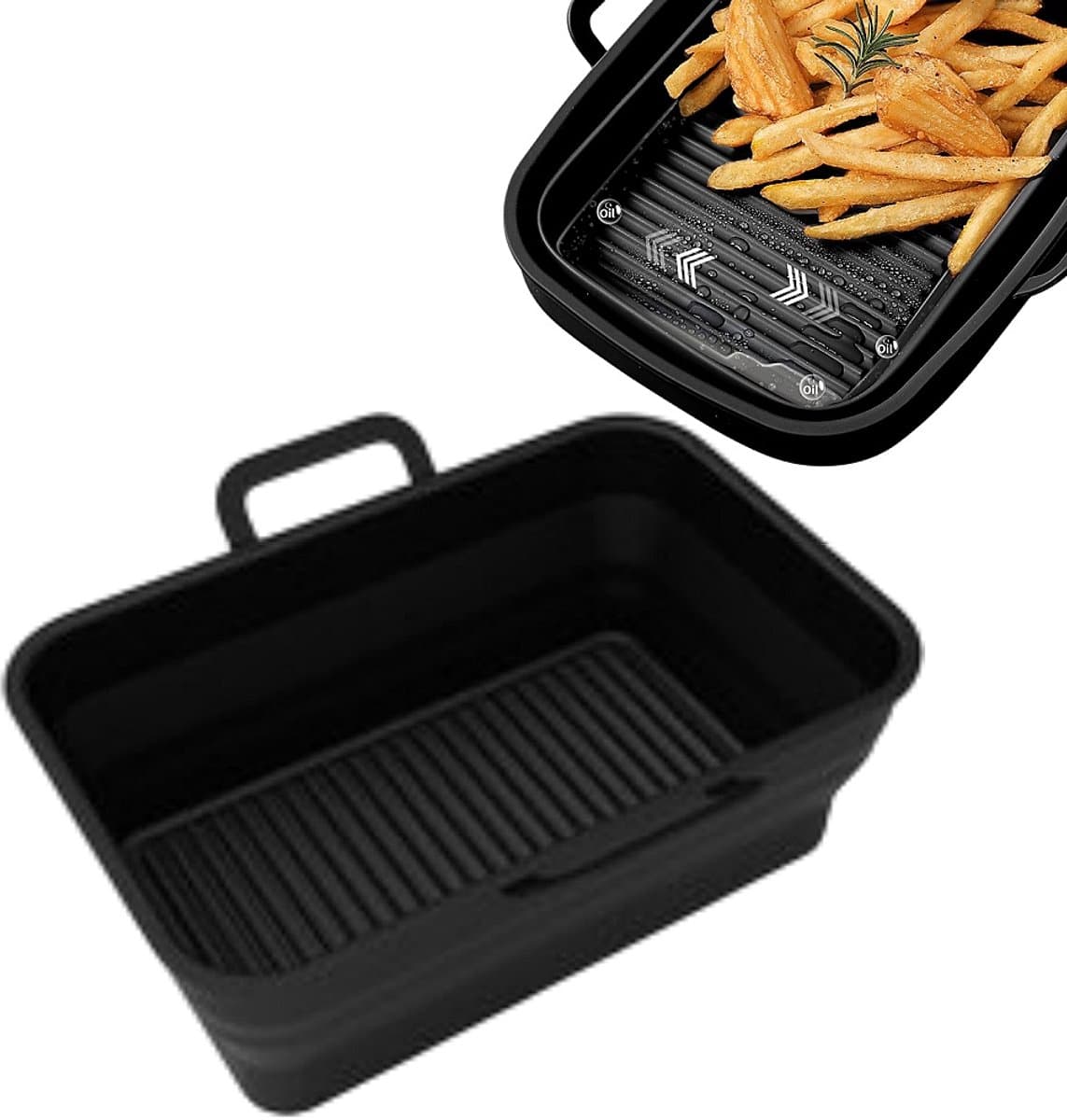 1 stuk Siliconen frituurmandje - Opvouwbaar met dubbele uittrekbare opbergruimte - Speciaal bakblik voor airfryer - Universeel te gebruiken in oven en magnetron - 12,7 cm × 19,56 cm × 7,01 cm - Geschikt voor airfryer, oven en magnetron - Zwart — afbeelding 1