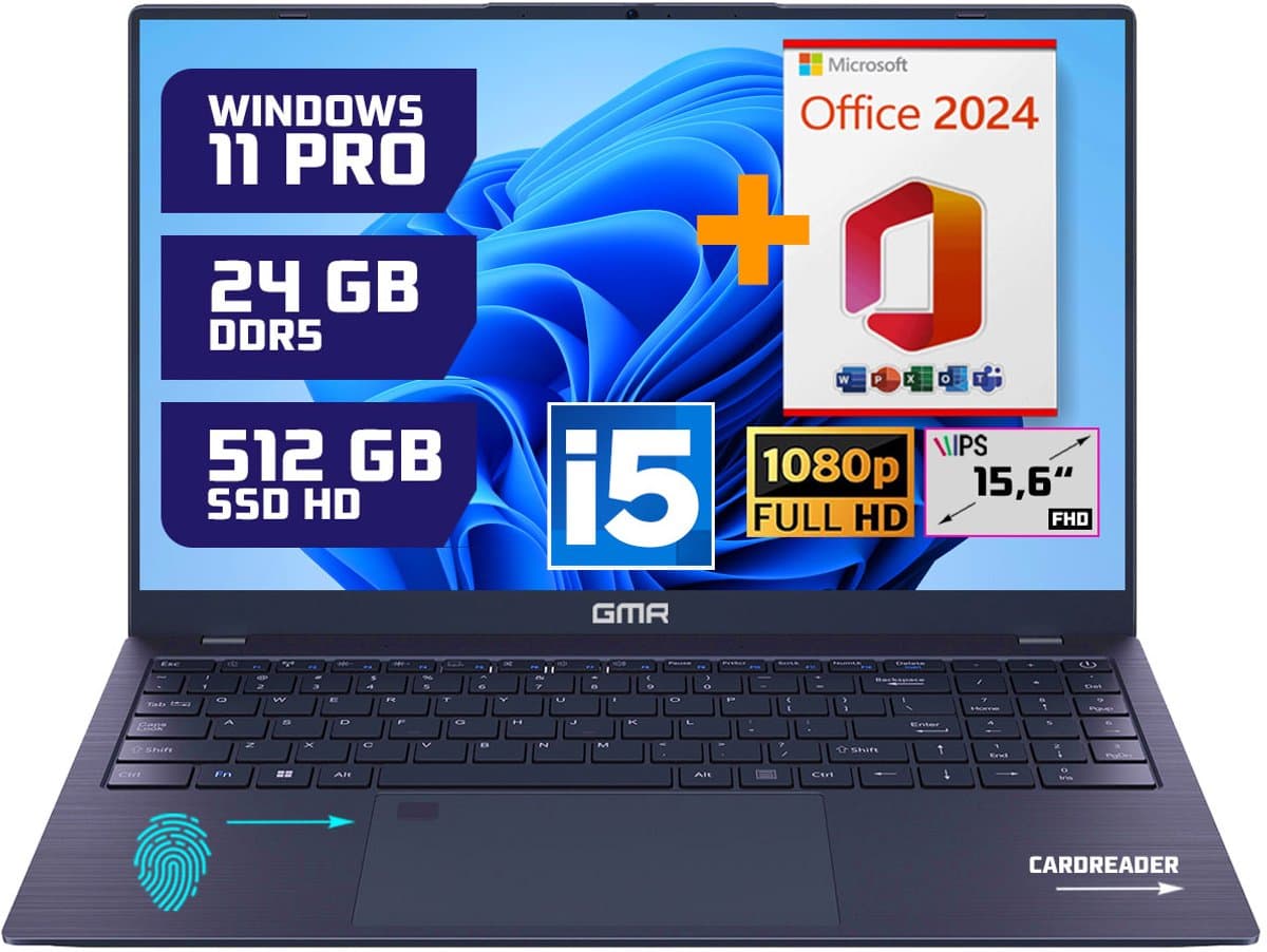 Krachtige 15.6" Full HD Notebook | Snelle Intel Core i5 & 512GB SSD | 24GB DDR5 Geheugen | Windows 11 Pro Editie + Office 2024 voor Zakelijk, Thuis en Studie — afbeelding 1