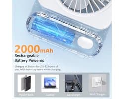 Draagbare Mini USB Ventilator met 3 Snelheden en 2000mAh Batterij - Verstelbare 135° voor Thuis en Kantoor