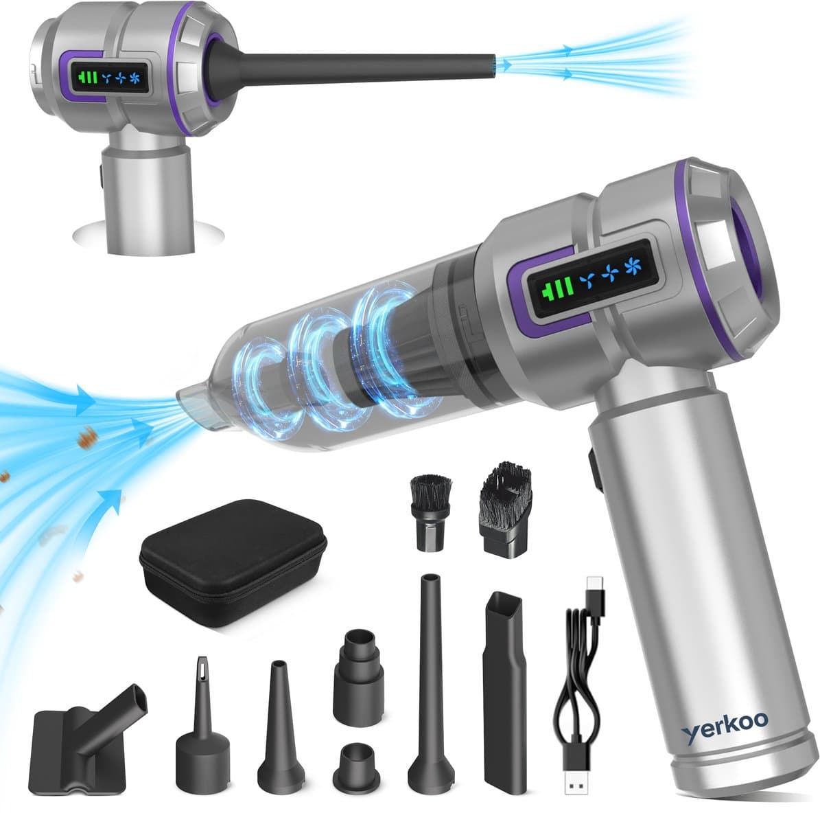 Auto stofzuiger draadloos - Handstofzuiger - Mini Stofzuiger - Stofzuiger Auto - Led scherm - Incl. Blaasfunctie, opzetstukjes en reiskoffertje — afbeelding 1