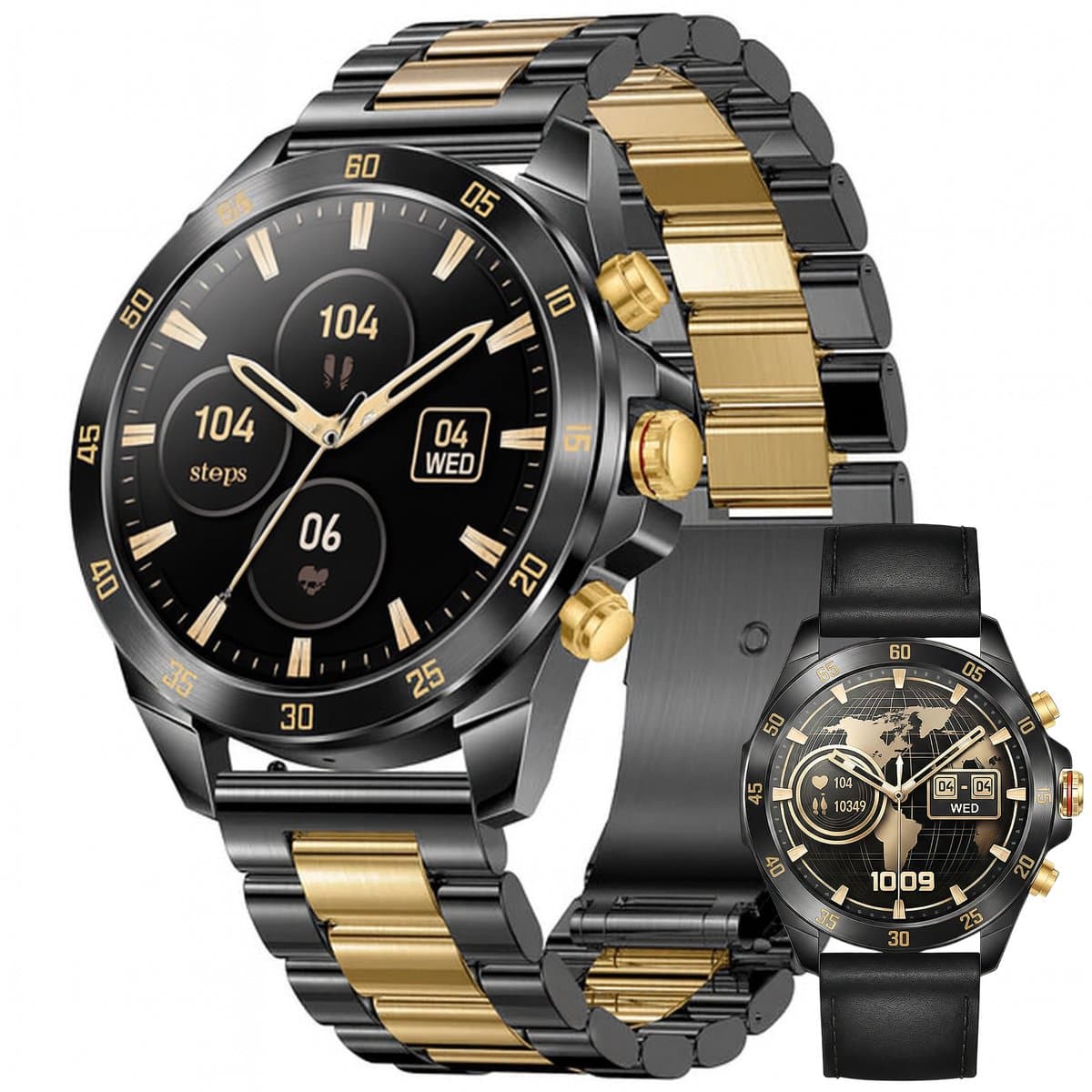 Royal Empire Amoled PRO Smartwatch - Smartwatch Heren - Stappenteller - Bloeddrukmeter - Hartslagmeter - Slaapmonitor - Multisport - 46MM - RVS en Leren bandje - Geschikt voor alle Smartphones - Kleur Zwart/goud — afbeelding 1