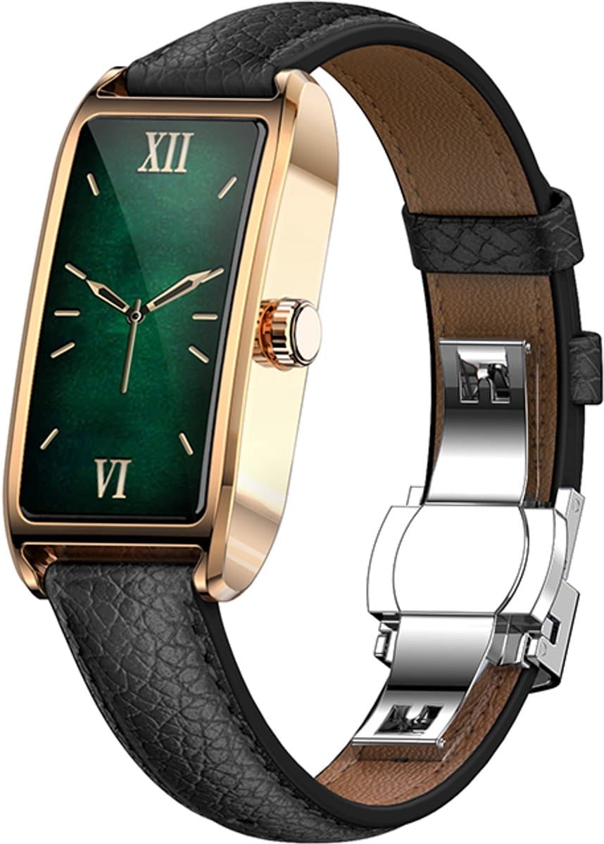 WizBay Premium Select® 1.13 Inch AMOLED Smartwatch Goud met Zwarte Leren Band – Hartslag, Bloeddruk SpO₂ Monitoring – Fitness Tracker – Elegant Vierkant Design – Android iOS — afbeelding 1