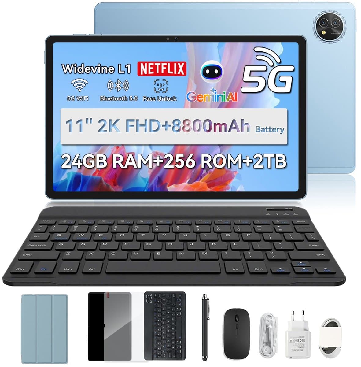Blackview ZENO 10 Tablet - 5G AI Tablet - 24GB RAM - 256 GB ROM - 11 inch - 8800mAh - Met Toetsenbord(QWERTY), Beschermhoes, Muis, Stylus - Android 15 Tablet - Widevine L1 - GPS - Blauw — afbeelding 1